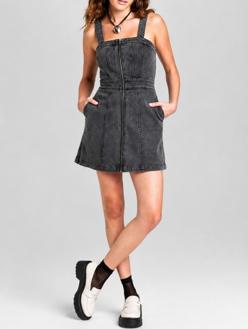 Wild Fable Zip Front Denim Mini Dress Black Acid Wash Corset Style Size Small